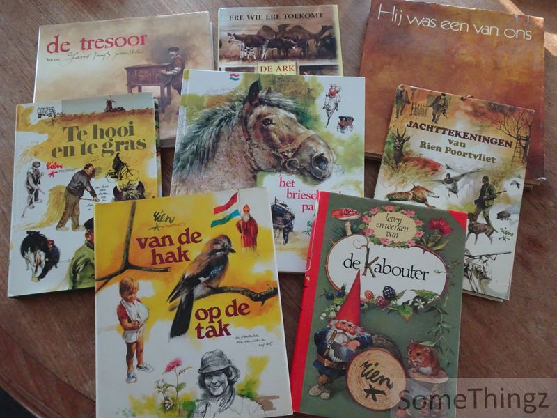 Cover van 8 verschillende boeken: 1) De ark van Noach. Ere wie ere toekomt. 2) Te hooi en te gras. 3) Jachttekeningen. 4) Leven en werken van de Kabouter. 5) Van de hak op de tak. 6) De tresoor. 7) Het brieschend paard. 8) Hij was een van ons.