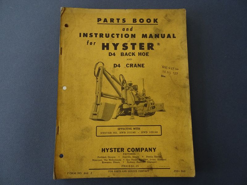 Cover van Parts Book and instruction manual for Hyster D4 Back Hoe and D4 Crane.