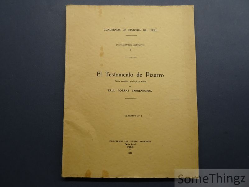 Cover van El testamento de Pizarro. [With dedication by the author.]